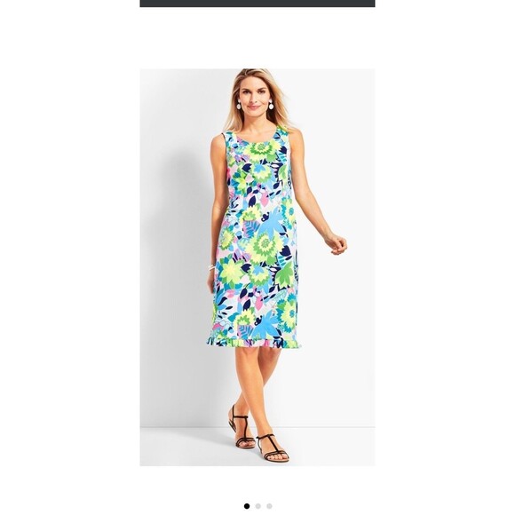 Talbots Sheath Dress 12 Island Tropical Floral Sateen Ruffle Hem Garden Casual - Picture 1 of 11